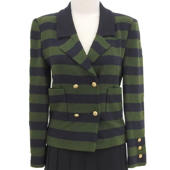 EUC CHANEL 3 Piece Co-Ord Set Green & Black Striped Blazer, Pleated Skirt & Top - Picture 9 of 14